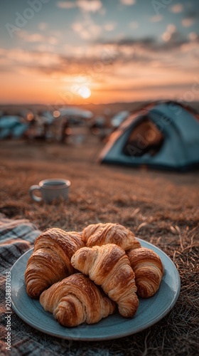 Golden sun sets over campsite, casting warm glow