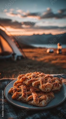 Golden sunset warms campsite and flaky pastry