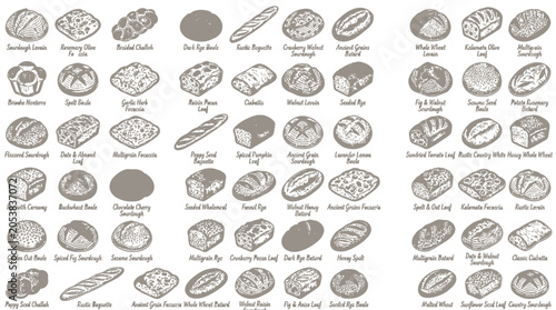 Cuadro en lienzo Collection of various types of bread and baked goods, illustrated in a vintage sketch style