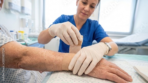Nurse in blue scrubs applies a bandage to an older patient’s forearm while wearing latex gloves in a clinic room, close-up of hands and arm