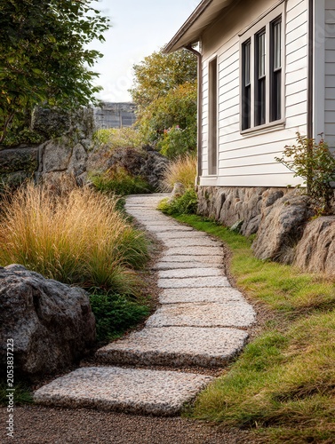 Winding stone path hugs a rustic home