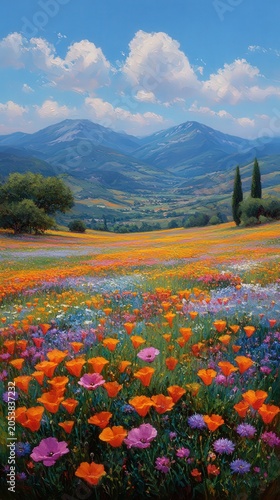 Vibrant wildflowers bloom across a sunlit meadow