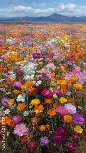 Vibrant wildflowers blanket an open field under a bright sky