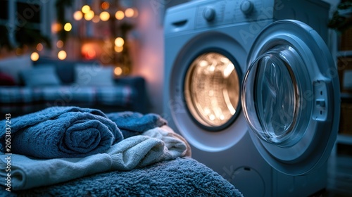 Soft blue towels rest beside glowing washer