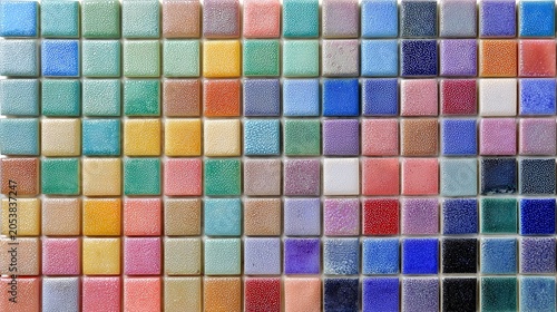 A colorful mosaic of small square tiles in various hues and textures