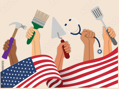 Diverse hands holding tools and american flag