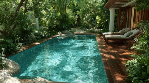 Crystal-clear pool glows under tropical shade