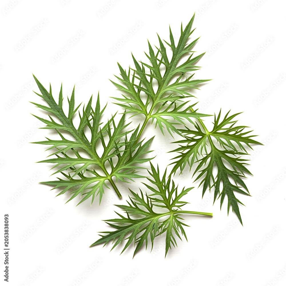 Fototapeta premium Fresh Green Artemisia Leaves Isolated on White Background, Medicinal Herbal Foliage for Natural Wellness