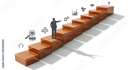 Businessman figurine stands on a wooden step structure with various business icons floating nearby.