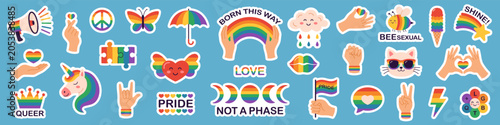 Cute LGBTQ pride sticker pack vector set: rainbow symbols, hand gestures, hearts, characters, typography, supportive messages promoting equality, diversity, inclusion, and self expression. Isolated.