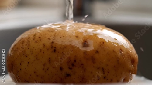 Potato being washed under running water in a brightly lit environment
