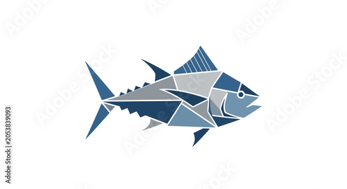 Fotografi Geometric Tuna Fish Illustration - Abstract Blue and Gray Seafood Art
