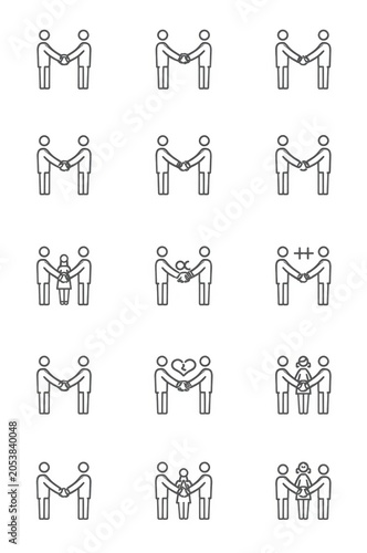 Set of handshake icons showing people making a deal or agreement with various symbols and human figures