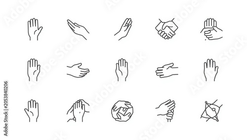 Set of black and white hand gesture line icons showing different movements and sign language communication