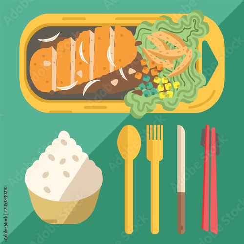 Japanese Bento Box Meal Vector Illustration with Tonkatsu Rice Salad and Vegetables Flat Design Food