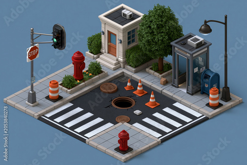 Corner with stop sign and hydrants