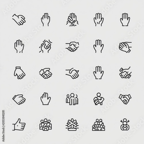 Set of black line icons showing human hands in various positions gestures and different people interactions
