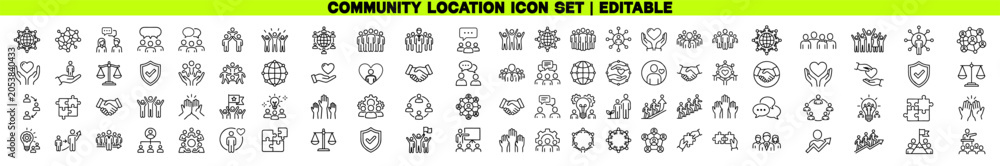Fototapeta premium Community and Social Connection Icon Set. Friendship, Relationship, Diversity and Networking Line Editable Stroke Vector Illustration
