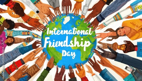 Diverse people hands reaching together around the planet earth globe for international friendship day celebration event