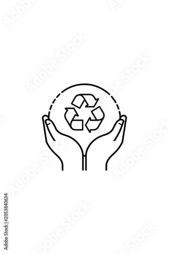 Two human hands holding a black line art recycle symbol icon representing environmental protection and care