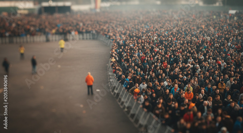 Massive Crowd of People Gathered Outdoors at an Event or Festival with Barriers and Security Personnel in the Foreground