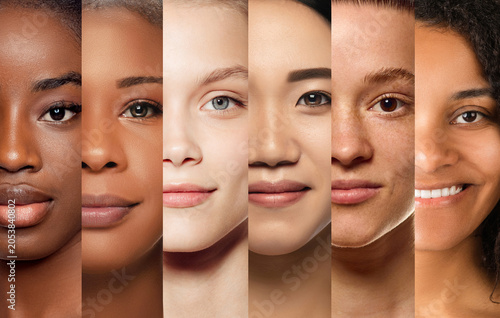 Fotografie Close collage of diverse skin tones and facial features in beauty portrait
