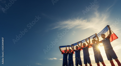Five French Soccer Players Celebrating Victory Holding the National Flag High Against a Bright Sunny Sky