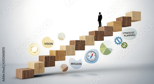 Businessman stands on a wooden block staircase surrounded by floating graphic icons depicting corporate strategic planning concepts.