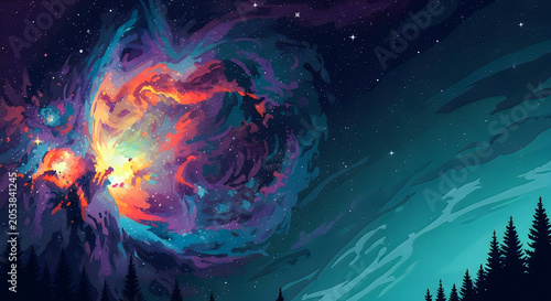 Vibrant nebula with pine forest silhouette digital art illustration