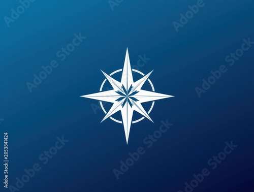 White compass rose star symbol on a dark blue gradient background representing travel and navigation concept