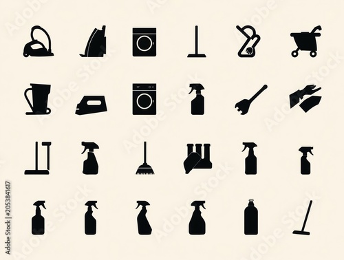 Set of black silhouette icons for house cleaning tools and home laundry equipment for daily chores and hygiene