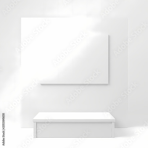 Minimalist white podium with blank canvas, bright studio light, modern exhibition concept