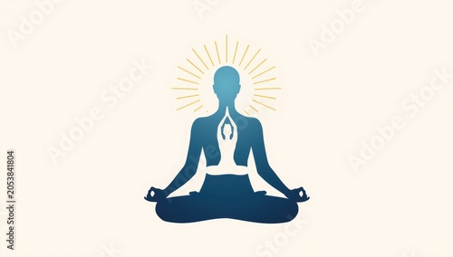 Person meditating in lotus pose with glowing aura and inner human silhouette for mindfulness and yoga zen