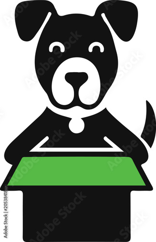 Grainy background Black dog peeking out of a green box with a collar vector illustration