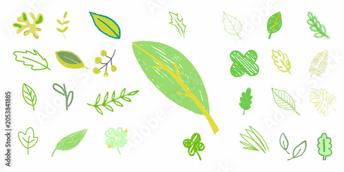 Green Leaf Icon Collection – Vector Set of Hand Drawn Botanical Branch Sketches, Minimalist Crayon Foliage Stickers, Whimsical Summer Garden Clipart Elements