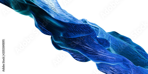 3D abstract blue ribbon strand with textured flowing surface on transparent background, dynamic organic design
