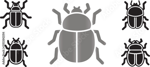 Grainy background Collection of stylized beetle icons in black and gray on white insect symbol
