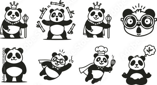 Grainy background Eight cartoon pandas in diverse roles and actions on white bear animal
