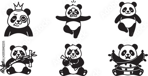 Grainy background Six cartoon pandas in various poses and expressions on white bear animal
