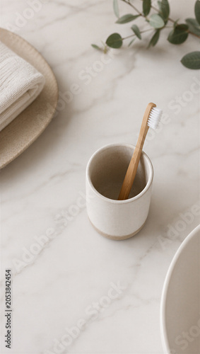 High angle view of a bamboo toothbrush in a ceramic cup on marble. Bathroom flat lay with eucalyptus and towel. International Singles Day