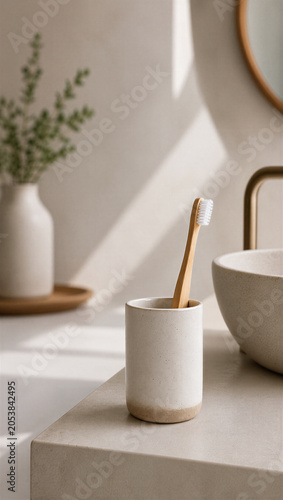 Vertical photo of a single bamboo toothbrush in a ceramic cup next to a sink. Sunlight in a modern minimalist bathroom. International Singles Day concept