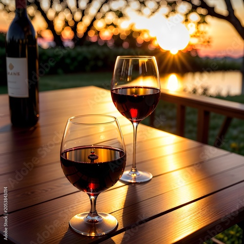 Single glass of red wine on outdoor table with sunset golden hour
