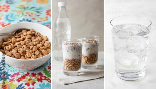 A healthy breakfast set featuring a bowl of crunchy cereal and refreshing glasses of fresh milk on a bright kitchen table