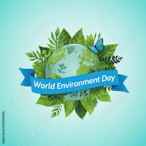 World environment day illustration with planet earth globe surrounded by green leaves and blue ribbon banner
