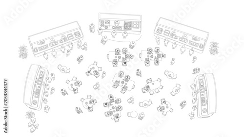 Restaurant and food court top view layout collection featuring dining tables, food counters, customer seating areas, buffet stations, and people interacting in modern hospitality environment line art 