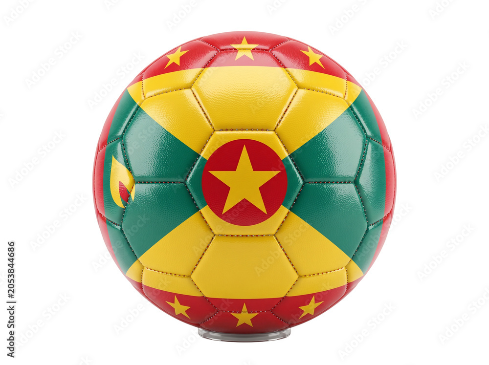 Fototapeta premium Soccer Ball with Red Yellow Green Panels and Star Emblem, Studio Isolated Sports Equipment with Textured Leather Surface