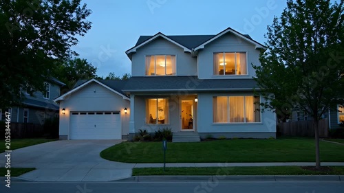 Residential home exterior at dusk illuminated windows and trees in the foreground