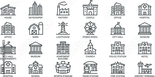 Buildings collection features various architectural structures including houses, offices, and public facilities in a clean line art.