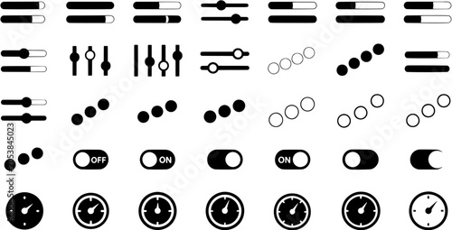 Set of UI interface control elements featuring slider bars, toggle switches, loading progress indicators, and circular gauge icons for web and mobile design.