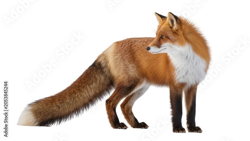 Foto Red fox with bushy tail and white chest fur